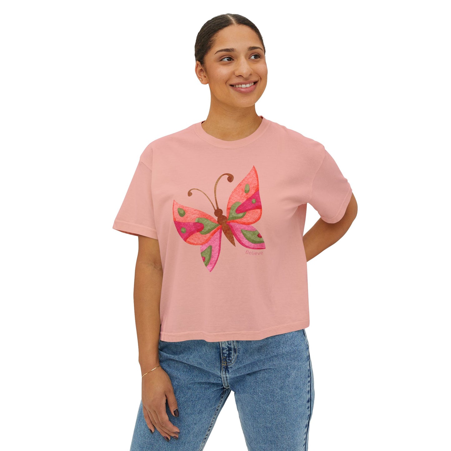 Butterfly Design Women's Boxy Tee - 'Believe' Inspirational Tee