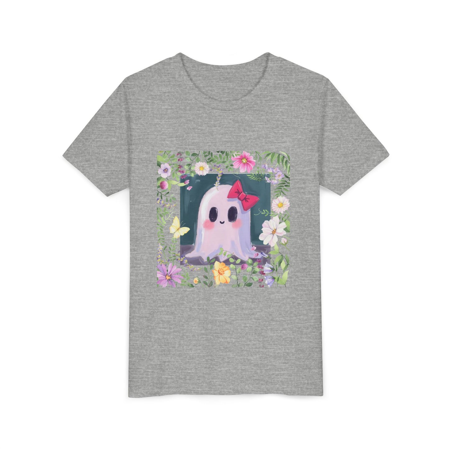 Cute Ghost Floral Youth Tee, Halloween Shirt, Kids Ghost T-Shirt, Cute Summer Tee, Gift for Kids, Youth Ghost Apparel