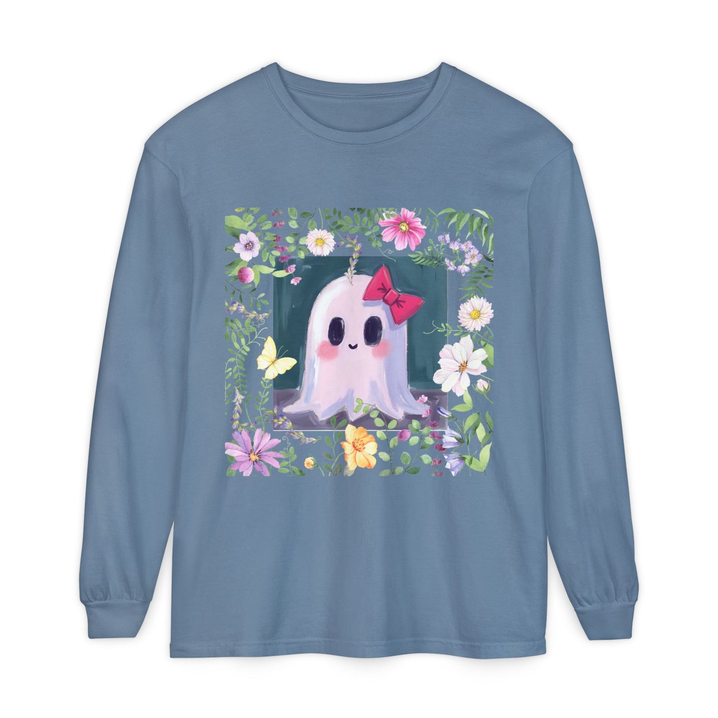 Cute Ghost Floral Long Sleeve T-Shirt, Unisex Halloween Tee, Fall Fashion, Gift for Ghost Lovers, Casual Wear, Spooky Season Apparel