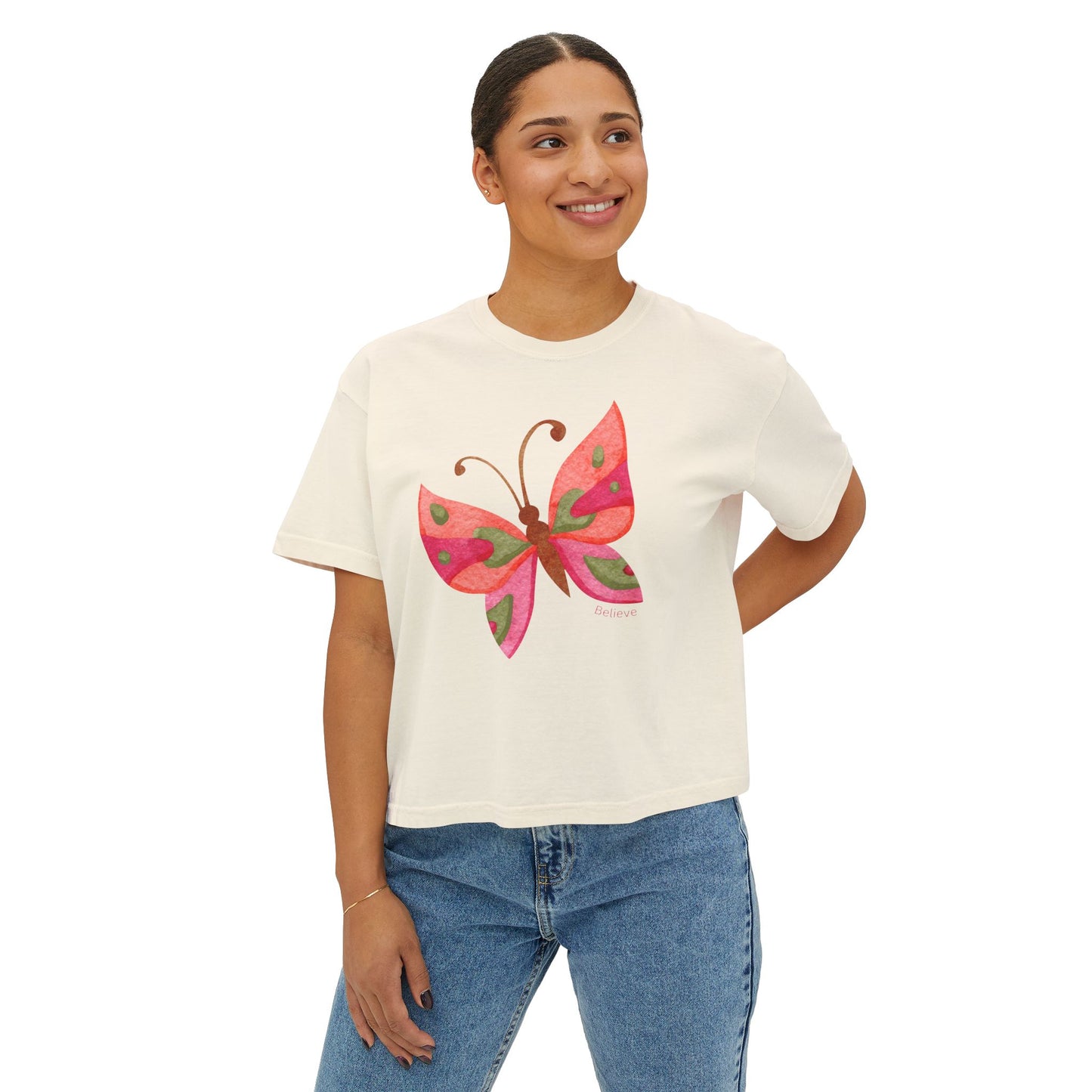 Butterfly Design Women's Boxy Tee - 'Believe' Inspirational Tee