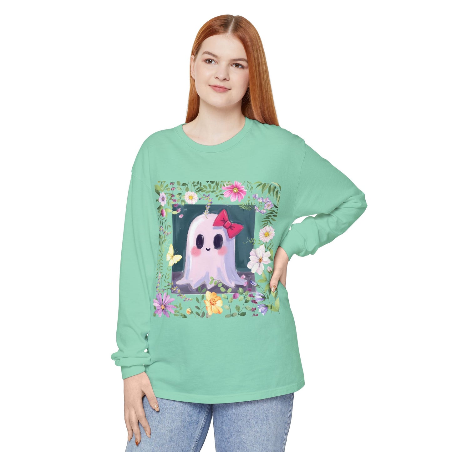 Cute Ghost Floral Long Sleeve T-Shirt, Unisex Halloween Tee, Fall Fashion, Gift for Ghost Lovers, Casual Wear, Spooky Season Apparel