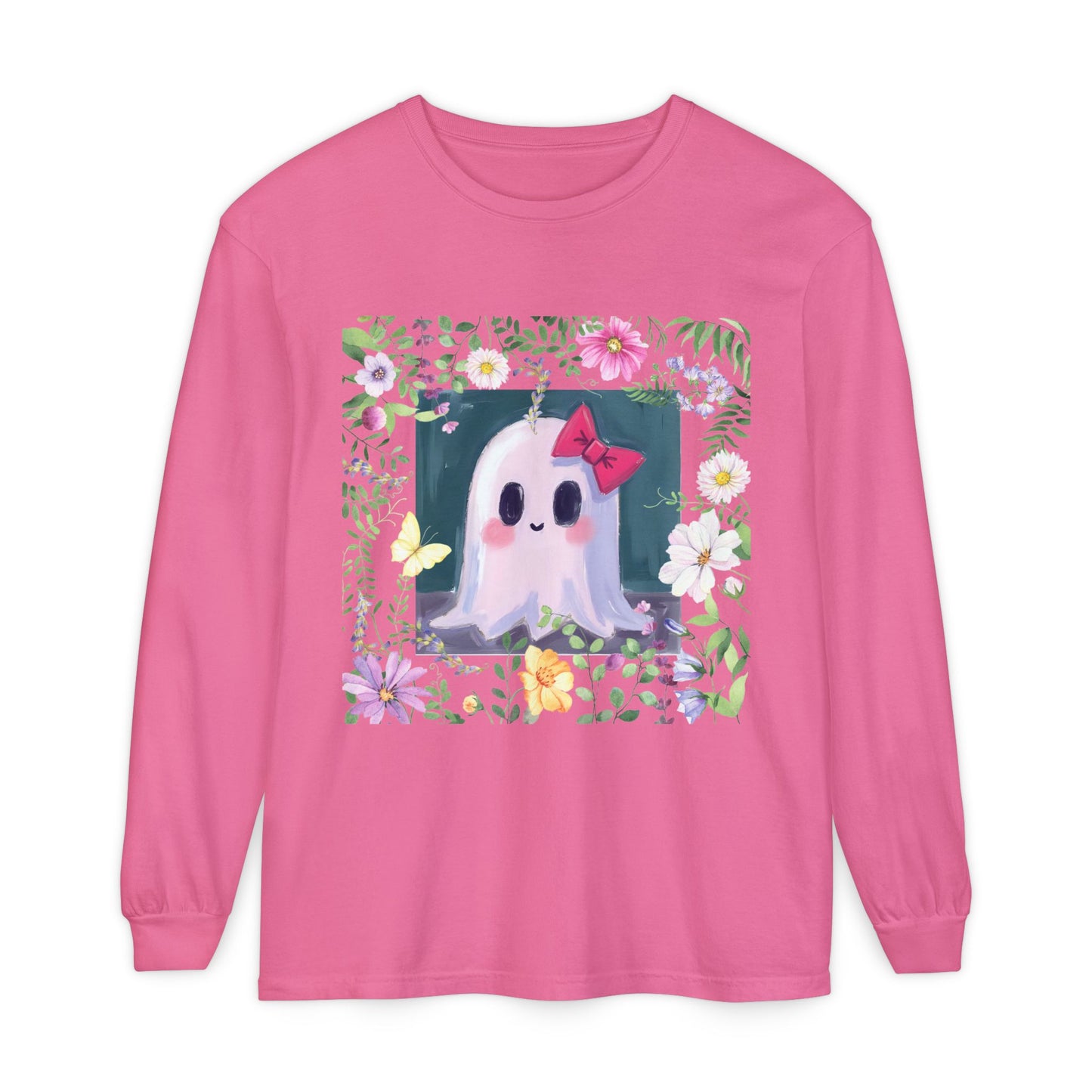 Cute Ghost Floral Long Sleeve T-Shirt, Unisex Halloween Tee, Fall Fashion, Gift for Ghost Lovers, Casual Wear, Spooky Season Apparel