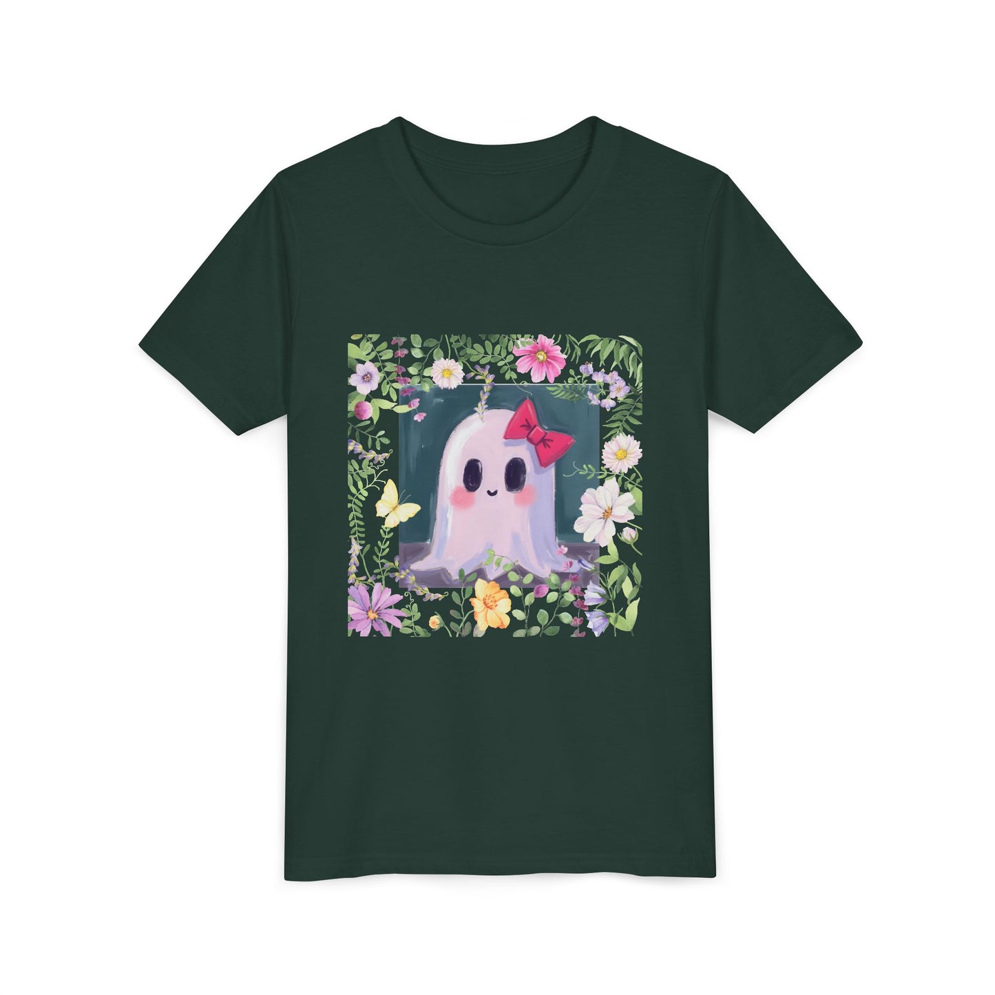 Cute Ghost Floral Youth Tee, Halloween Shirt, Kids Ghost T-Shirt, Cute Summer Tee, Gift for Kids, Youth Ghost Apparel