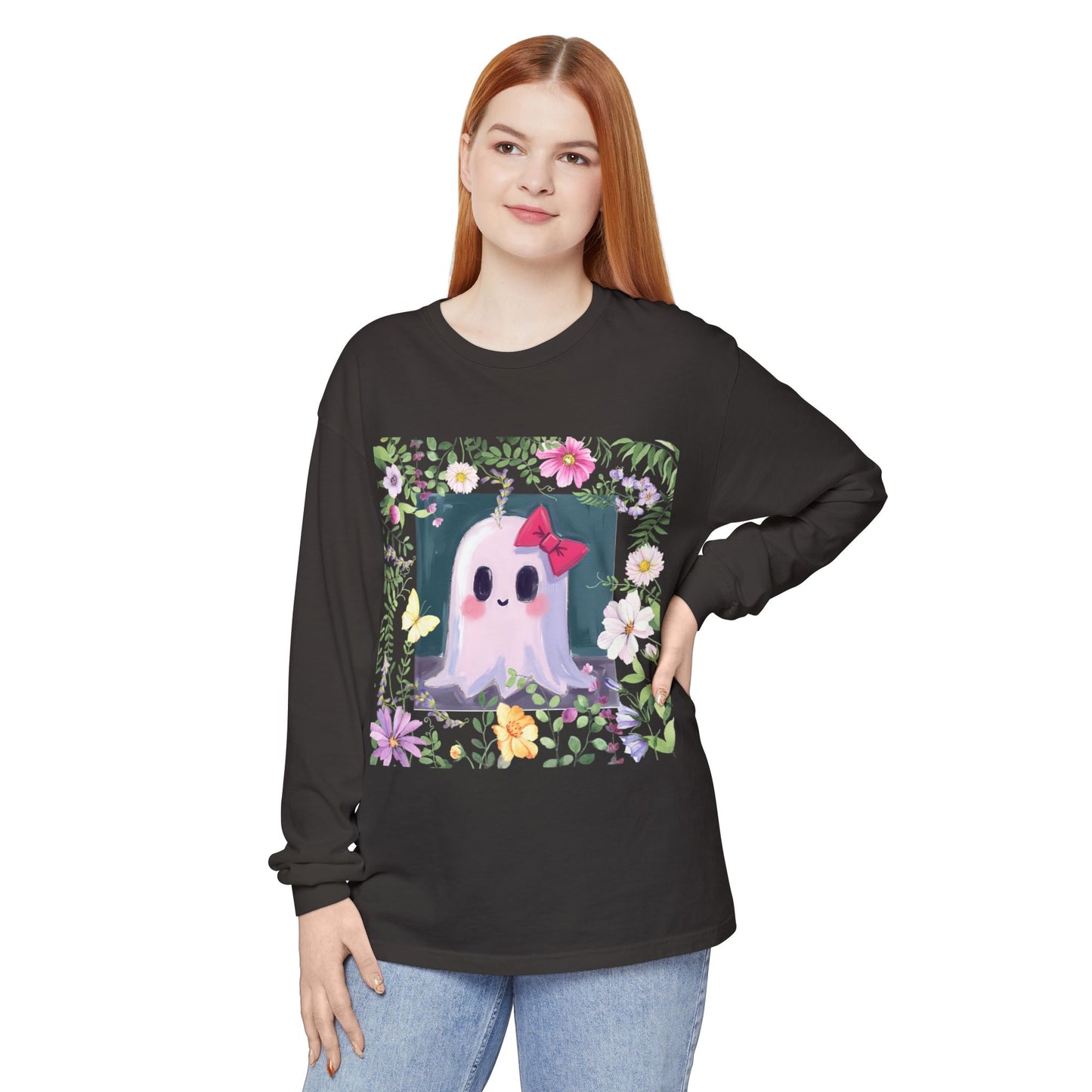 Cute Ghost Floral Long Sleeve T-Shirt, Unisex Halloween Tee, Fall Fashion, Gift for Ghost Lovers, Casual Wear, Spooky Season Apparel