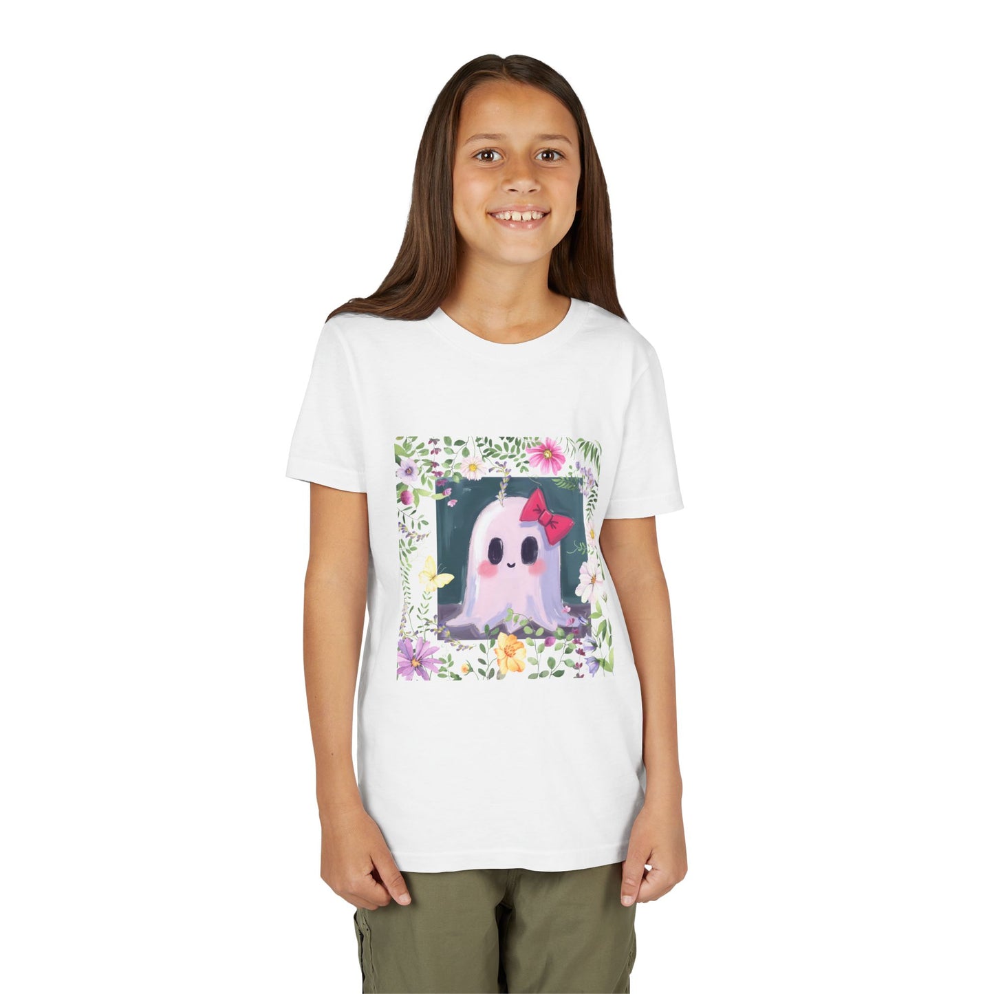 Cute Ghost Floral Youth Tee, Halloween Shirt, Kids Ghost T-Shirt, Cute Summer Tee, Gift for Kids, Youth Ghost Apparel