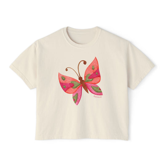 Butterfly Design Women's Boxy Tee - 'Believe' Inspirational Tee