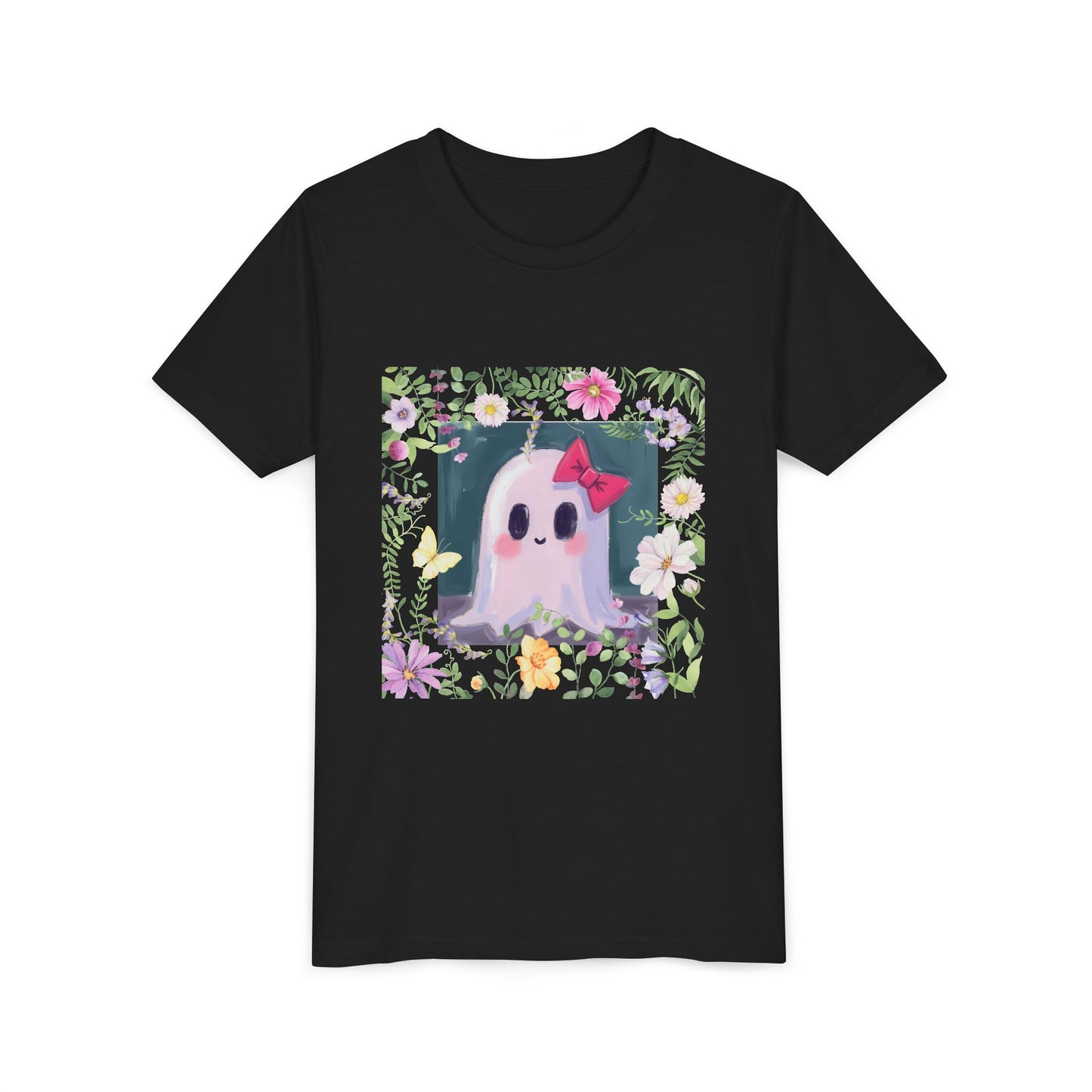 Cute Ghost Floral Youth Tee, Halloween Shirt, Kids Ghost T-Shirt, Cute Summer Tee, Gift for Kids, Youth Ghost Apparel