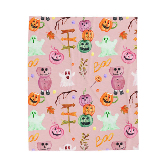 Pink O'ween Velveteen Plush Blanket- Halloween