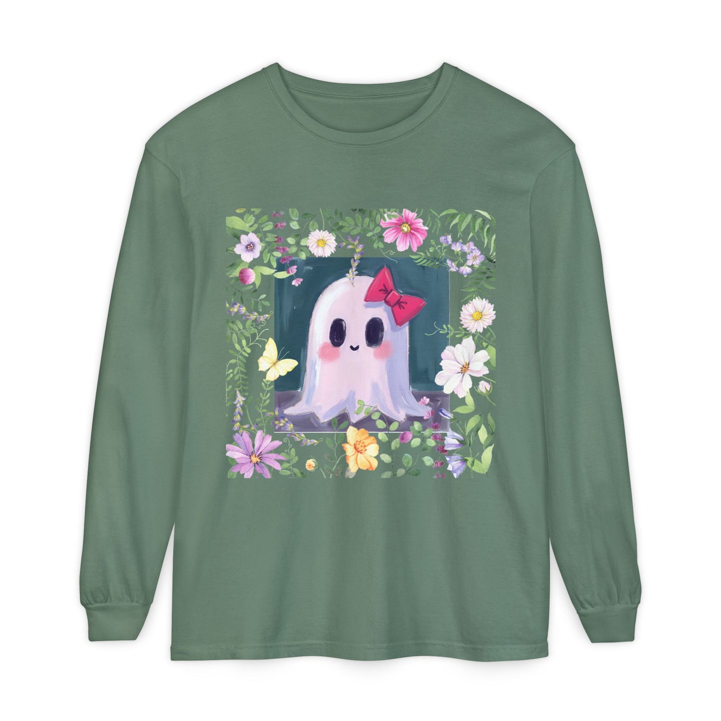Cute Ghost Floral Long Sleeve T-Shirt, Unisex Halloween Tee, Fall Fashion, Gift for Ghost Lovers, Casual Wear, Spooky Season Apparel