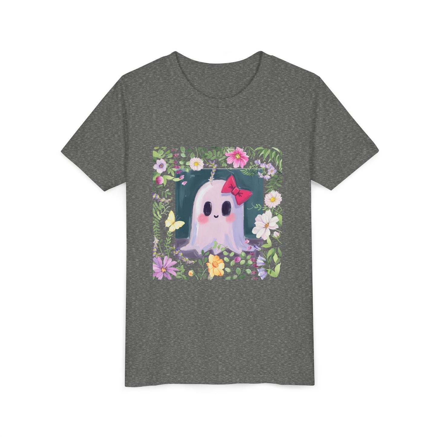 Cute Ghost Floral Youth Tee, Halloween Shirt, Kids Ghost T-Shirt, Cute Summer Tee, Gift for Kids, Youth Ghost Apparel
