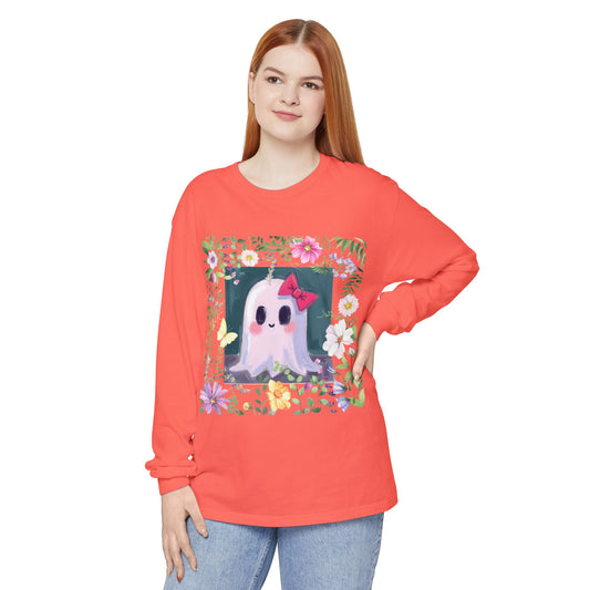 Cute Ghost Floral Long Sleeve T-Shirt, Unisex Halloween Tee, Fall Fashion, Gift for Ghost Lovers, Casual Wear, Spooky Season Apparel