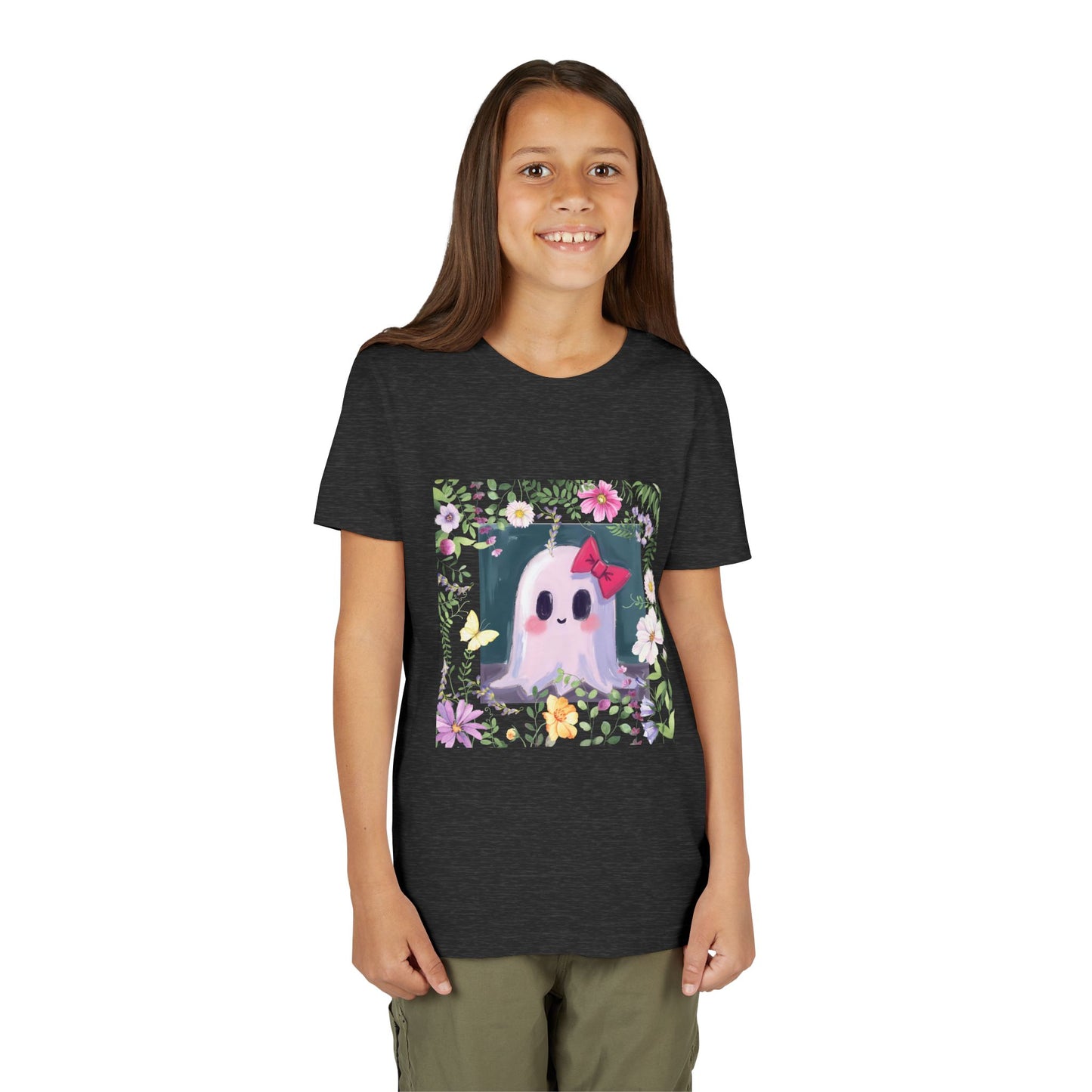 Cute Ghost Floral Youth Tee, Halloween Shirt, Kids Ghost T-Shirt, Cute Summer Tee, Gift for Kids, Youth Ghost Apparel